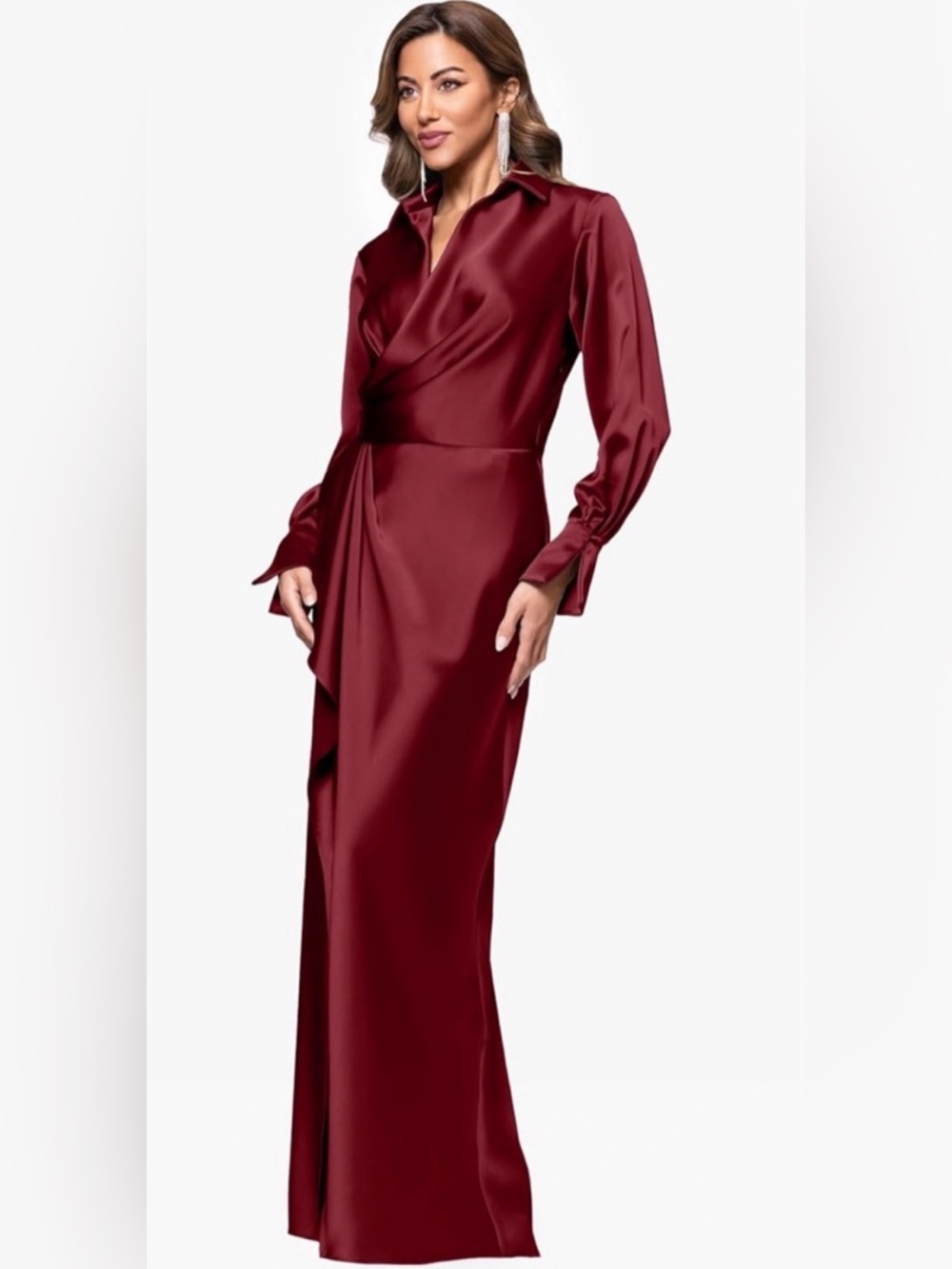 NWT Xscape Burgundy Satin Wrap Maxi Dress